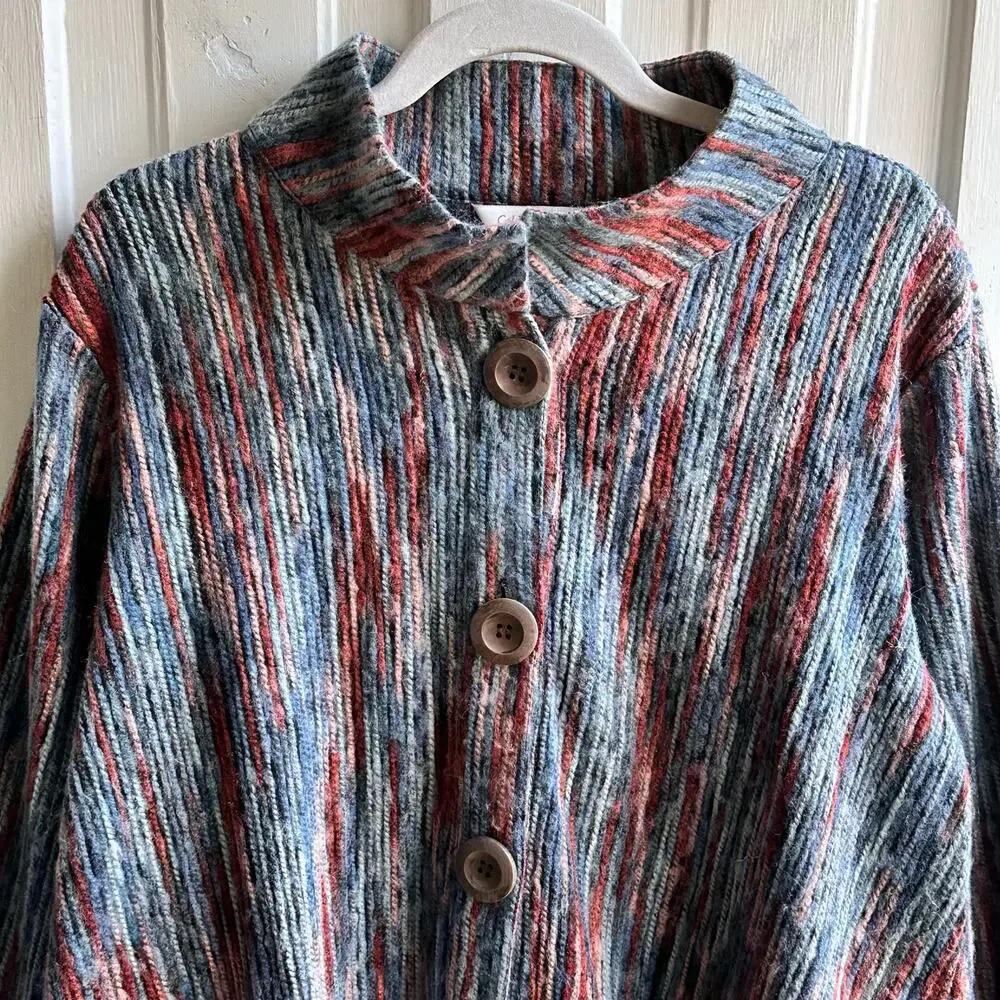 Coldwater Creek Textured Knit Jacket Cardigan Petite Large Blue Red Button Front